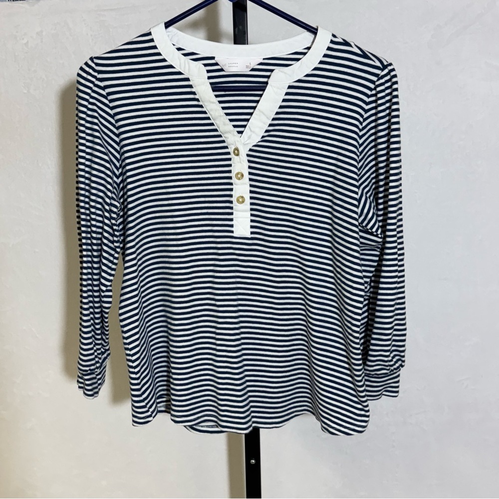 Lauren Conrad Navy and White Striped Henley Top - Women's 3/4 Sleeve
